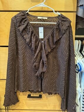LOFT Brown Ruffle-Front Long Sleeve Knit Top, medium